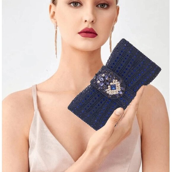 Womens Blue Novelty Bow Evening Silver Rhinestone Party Crystal Clutch - Picture 2 of 8